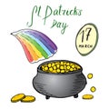 St Patricks Day hand drawn doodle set, with Irish traditional leprechaun`s pot of gold coins at the end of rainbow, vector illustr