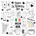 St Patricks Day hand drawn doodle set, with leprechaun, pot of gold coins, rainbow, beer, four leaf clover, horseshoe, celtic harp Royalty Free Stock Photo