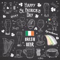 St Patricks Day hand drawn doodle set, with leprechaun, pot of gold coins, rainbow, beer, four leaf clover, horseshoe, celtic harp Royalty Free Stock Photo