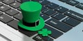 St Patricks Day hat with four leaf clover on computer keyboard. 3d illustration