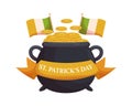 St.Patricks Day holiday design with leprechaun pot ang gold coins, irish flags and ribbon