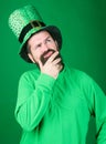 St patricks day holiday known for parades shamrocks and all things Irish. Man bearded hipster wear hat. Saint patricks