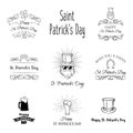 St Patricks day labels set. Calendar, clover, leprechaun, four leafy, Ireland, green, beard horseshoe flag beer ale Saint Patrick