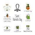 St Patricks day labels set. Calendar, clover, leprechaun, four leafy, Ireland, green, beard horseshoe flag beer ale Saint Patrick