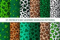 St. Patricks Day Leopard or jaguar seamless pattern made of shamrock or clover leaves. Set of 12 animal prints. Spotted cheetah