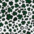 St. Patricks Day Leopard or jaguar seamless pattern made of shamrock or clover leaves. Spotted cheetah fur. Trendy animal print.