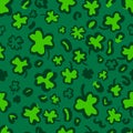 St. Patricks Day Leopard or jaguar seamless pattern made of shamrock or clover leaves. Spotted cheetah skin. Trendy animal print.