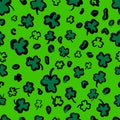 St. Patricks Day Leopard or jaguar seamless pattern made of shamrock or clover leaves. Trendy animal print. Spotted cheetah fur.