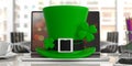 St Patricks Day leprechaun hat with four leaf clover on office blur background. 3d illustration