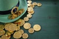 St Patricks Day leprechaun hat with gold chocolate coins Royalty Free Stock Photo