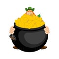 St.Patricks Day. Leprechaun and pot of gold. Magic dwarf and boiler of golden coins. National Holiday in Ireland. Traditional Royalty Free Stock Photo
