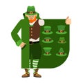 St Patricks Day. Leprechaun Smuggler selling green hat. Cloak-seller holiday attributes. Dealer in hat and coat . Bootlegger. Royalty Free Stock Photo