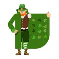 St Patricks Day. Leprechaun Smuggler selling Shamrock. Cloak-seller holiday attributes. Dealer in hat and coat . Bootlegger. Sell Royalty Free Stock Photo