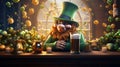 St Patricks Day leprechaun wearing green hat drinking beer in an Irish pub Royalty Free Stock Photo