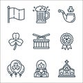 st patricks day line icons. linear set. quality vector line set such as church, woman, balloons, badge, drum, shamrock, pipe, beer