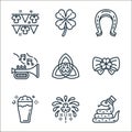 st patricks day line icons. linear set. quality vector line set such as snake, fireworks, pint, bow tie, triquetra, trumpet,