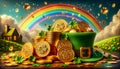 a st patricks day luck clover pot gold holiday decoration Ireland season rainbow golden celtic lucky shamrock Irish march