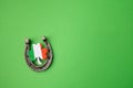 St. Patricks day, lucky charms. Horesechoe and shamrock on green background Royalty Free Stock Photo