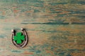 St. Patricks day, lucky charms. Horesechoe and shamrock on wooden background Royalty Free Stock Photo