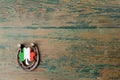 St. Patricks day, lucky charms. Horesechoe and shamrock on wooden background Royalty Free Stock Photo