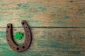 St. Patricks day, lucky charms. Horesechoe and shamrock on wooden background