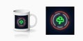 St Patricks Day neon glowing festive sign on ceramic mug mockup. Clover leaf sign on cup side. Green shamrock symbol