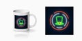 St Patricks Day neon glowing festive sign on ceramic mug mockup. Leprechaun hat sign on cup side. Green hat Irish symbol