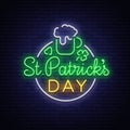 St Patricks Day is a neon sign. Symbol, logo with beer, neon banner, bright design in neon style, Festive illustration