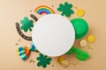 St Patricks day party background with lucky charms, shamrock and rainbow. Flat lay composition with copy space