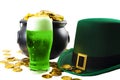 St patricks day party and Irish celebration of patron saint concept theme with frothy glass of green beer, leprechaun hat, a pot
