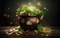 St Patricks Day poster. Black pot of gold with green shamrocks. Bunch of golden coins on the wooden table surface, money scattered