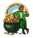 St Patricks Day poster. Cartoon Leprechaun character holding beer mug leaning on pot full of gold coins on rainbow Royalty Free Stock Photo