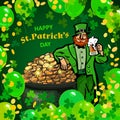 St Patricks Day poster. Cartoon Leprechaun holding beer mug leaning on pot full of money. Green balloons, clover leaves Royalty Free Stock Photo