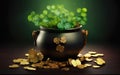 St Patricks Day poster. Pot of gold with green shamrocks. Bunch of golden coins on the wooden table surface, money scattered.