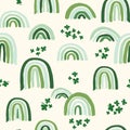 St Patricks Day repeat pattern with green tone spring rainbows and shamrock