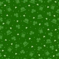 St Patricks Day seamless pattern with leprechaun hat, clover, beer on green background. Greeting card vector icons
