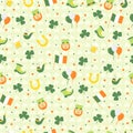 St Patricks Day seamless pattern with leprechaun, irish man, irish flag, clover, balloons, horseshoe on white background Royalty Free Stock Photo