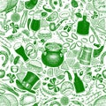 St. Patricks day seamless pattern. Vector hand drawn illustrations leprechaun hat, clover, beer mug, barrel, golden coin pot, food