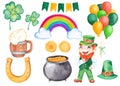 St Patricks day set Watercolor illustration Pot of gold Clover Shamrock Balloons Beer mug Rainbow Coins Garland Hand drawn