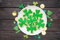 St Patricks Day shamrock cookies. Overhead view plate.