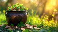 St Patricks day with treasure of leprechaun, pot full of golden coins