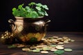 St Patricks day with treasure of leprechaun, pot full of golden coins