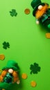 St. Patricks Day vertical card desgin with leprechauns, shamrock and gold coins