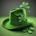 st patricks Green hat with clover leaf on green background - generated by ai