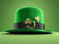 st patricks Green hat with clover leaf on green background - generated by ai