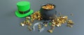St Patricks green hat and lucky pot full of golden coins fortune. 3d render
