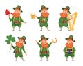 St patricks. Leprechaun funny gnome in green jacket and cylinder hat symbol of lucky life clover golden coins exact