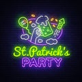 St. Patricks Party design template vector. St. Patrick greeting card, Light banner, neon style, night bright advertising