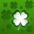 St Patricks white lucky clover leaf on green background. Vector illustration.