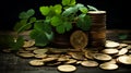 St Patrics day, golden coins and lucky four leaves clover, Irish beer holiday